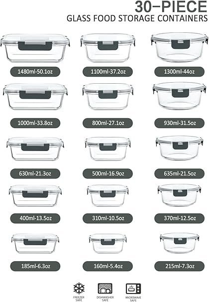 M MCIRCO 30 Pieces Glass Food Storage Containers