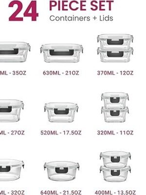 FineDine 24 Piece Glass Storage Containers with Lids Leak Proof
